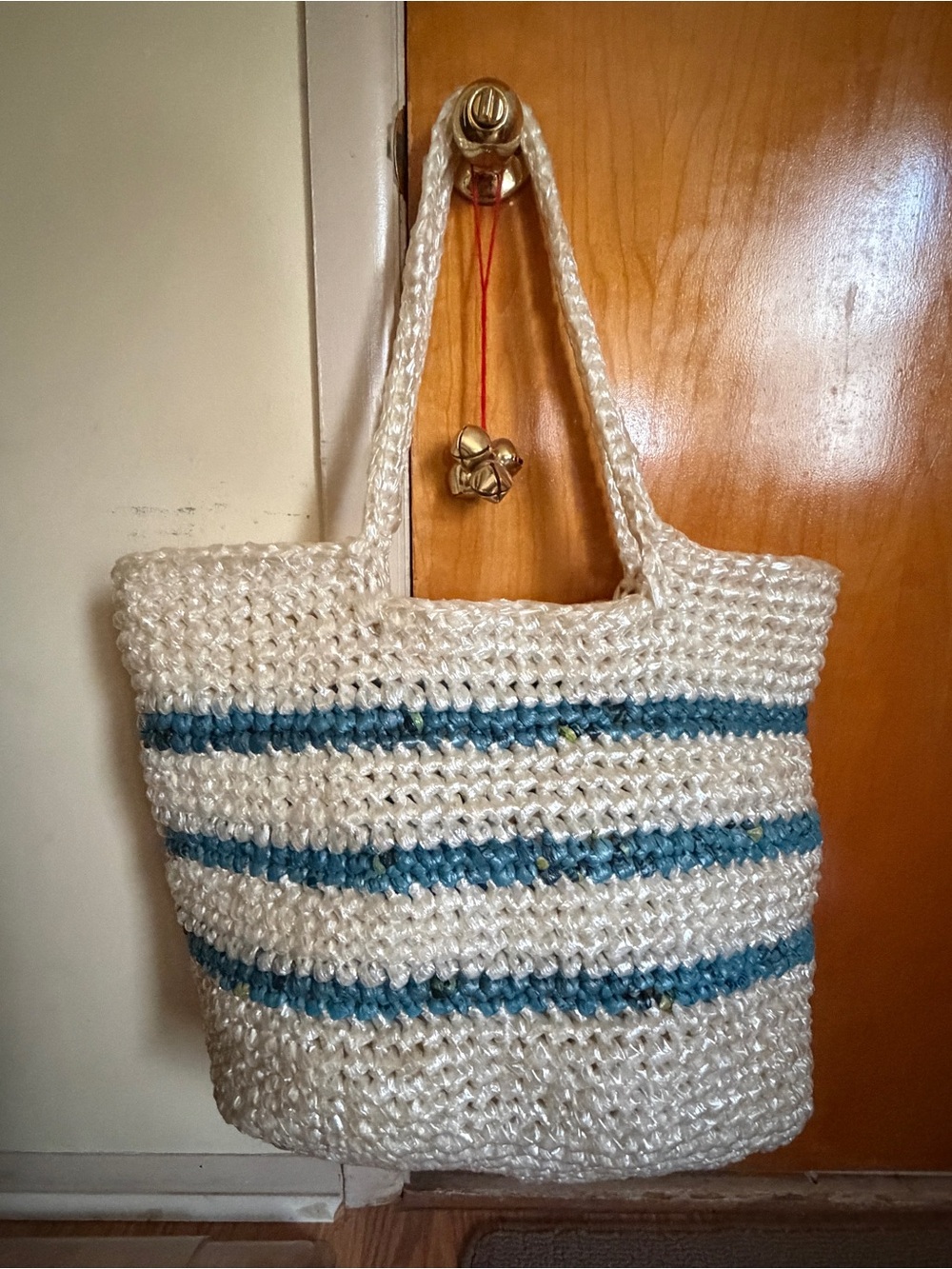 Handwoven with plastic Cream and Blue Striped Tote Bag